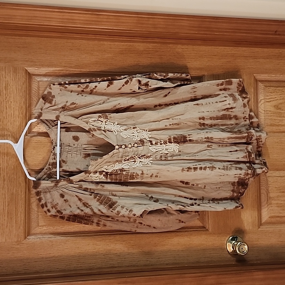 Boho Tie-Dye Peasant Top with Embroidered Front